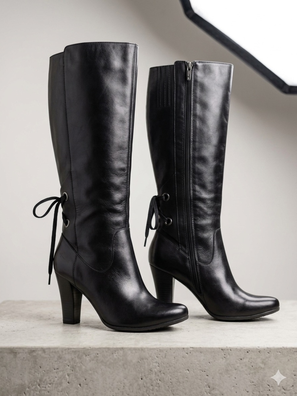 Women's Black Leather Knee-High Heeled Boots with Lace Detail